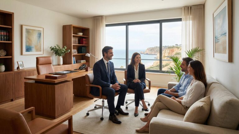 Modern law office in Albufeira with legal consultants meeting clients, overlooking the ocean