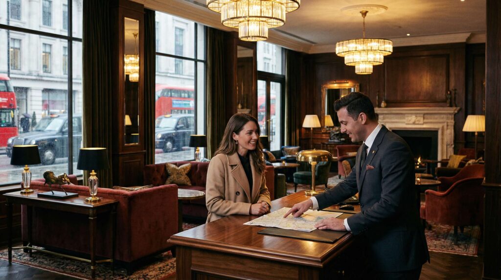 A professional concierge in a luxury London boutique hotel lobby assisting a guest, focusing on boutique hotel leads London services.