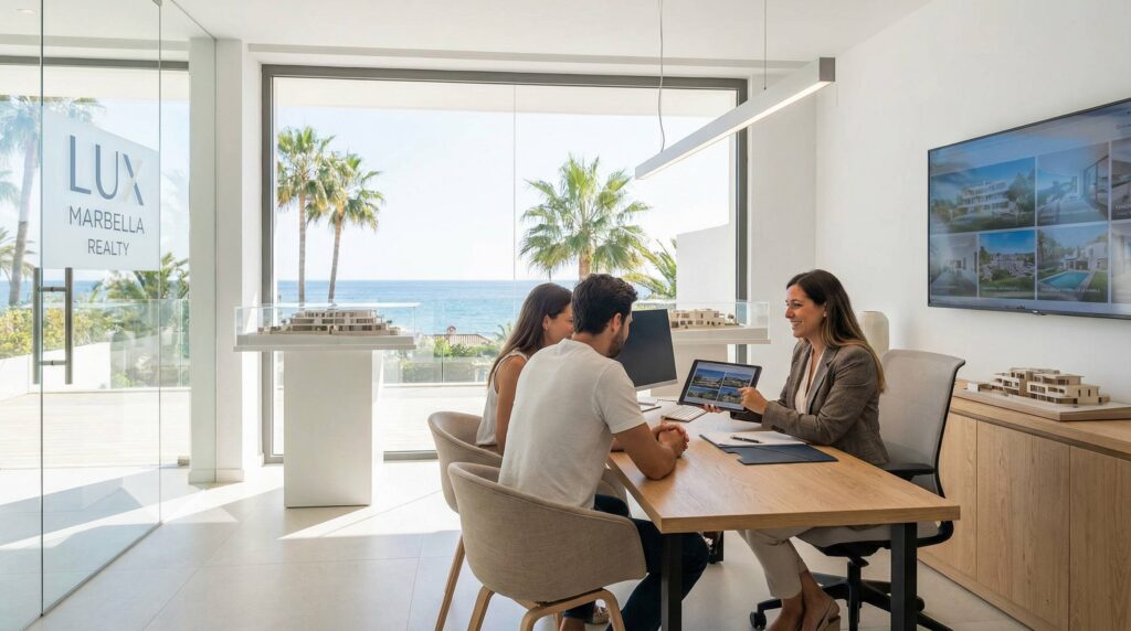 A professional real estate agent in Marbella showing luxury property listings to a couple on a tablet, with a sunny Mediterranean office background.
