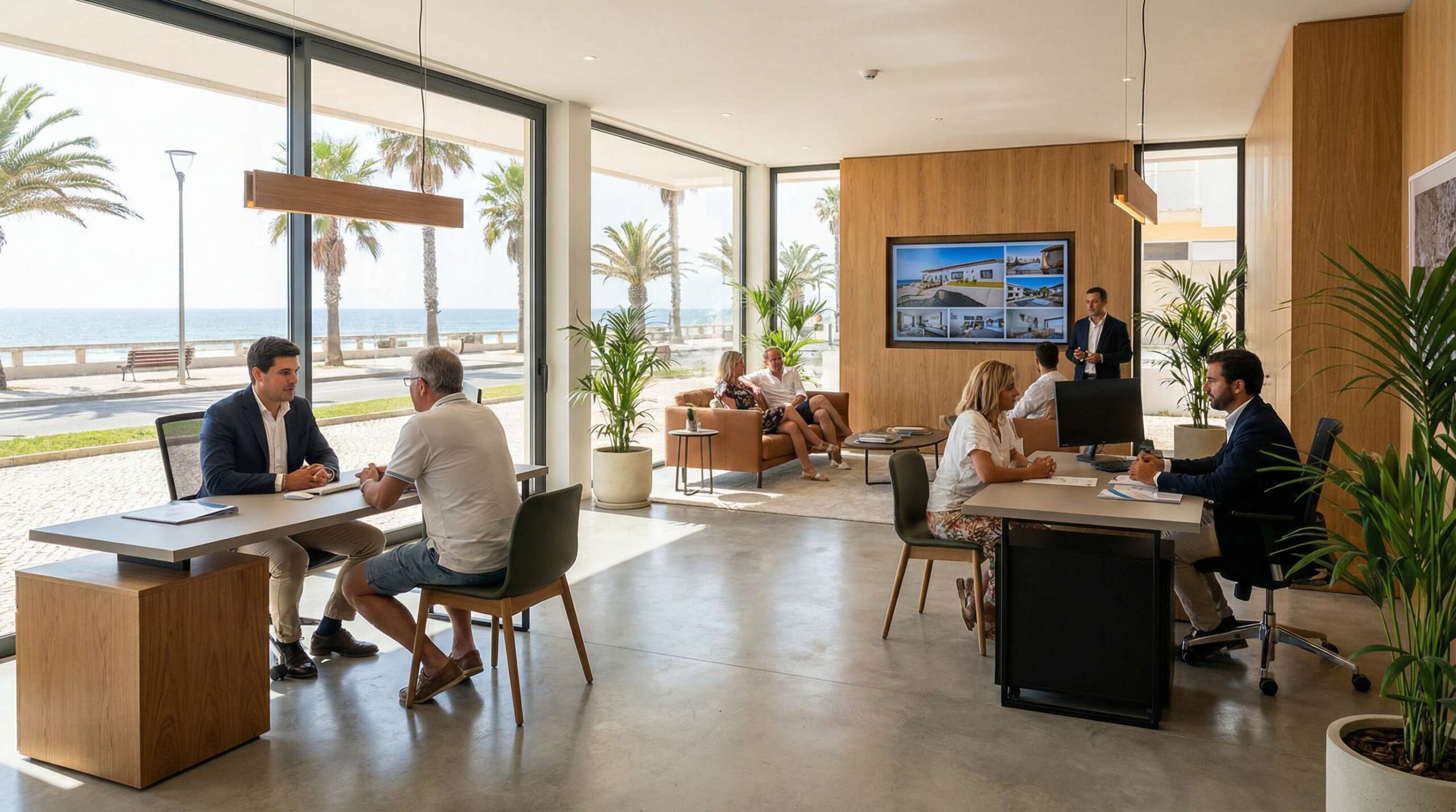 Modern real estate agency office in Monte Gordo with agents meeting clients, overlooking the ocean