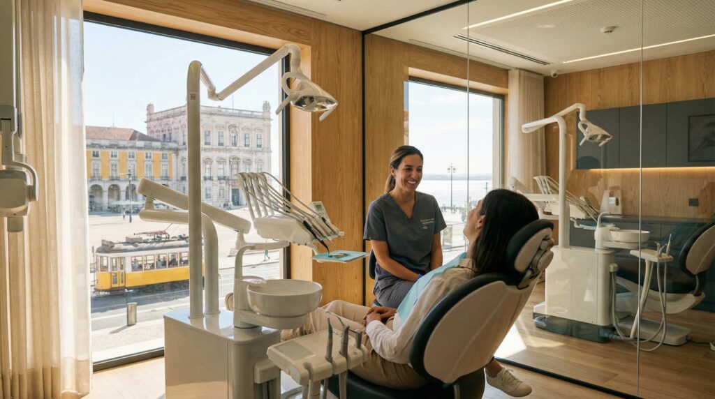 A professional dentist in Lisbon talking to a patient in a modern clinic, focusing on dentist bookings Lisbon services.