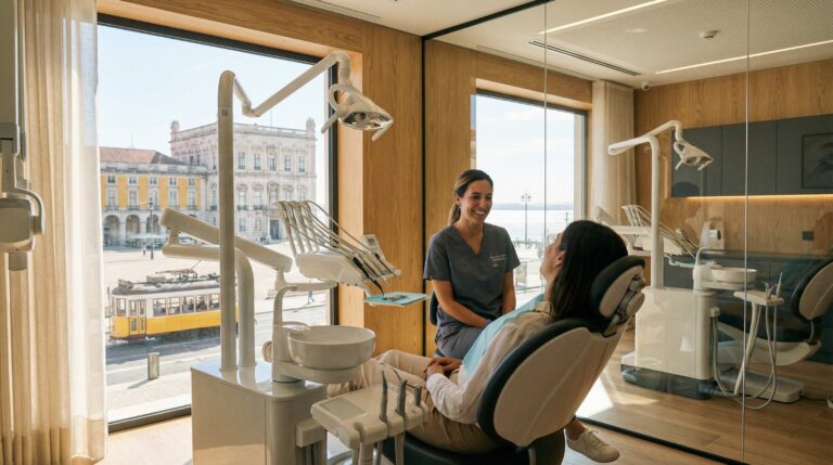 A professional dentist in Lisbon talking to a patient in a modern clinic, focusing on dentist bookings Lisbon services.