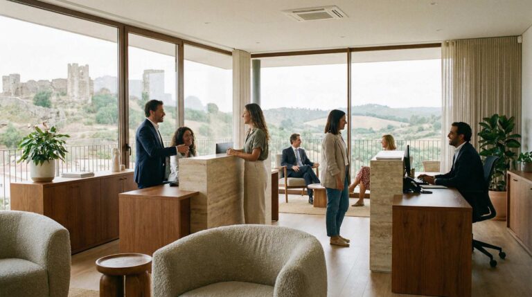 Modern law office in Aljezur with legal consultants meeting clients, overlooking a historic castle