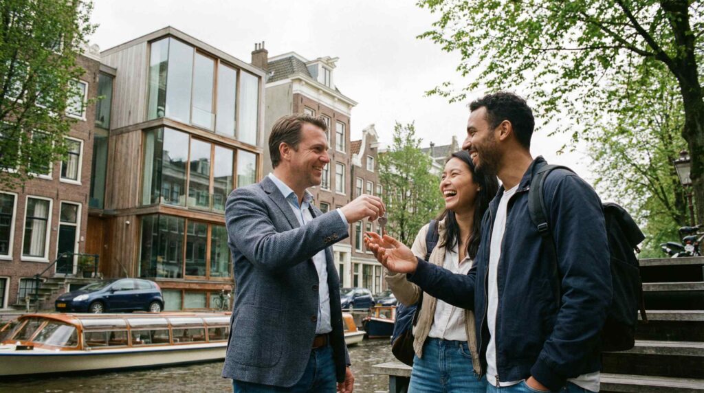 A professional property manager in Amsterdam handing over keys to an international couple, focusing on property management in Amsterdam services.