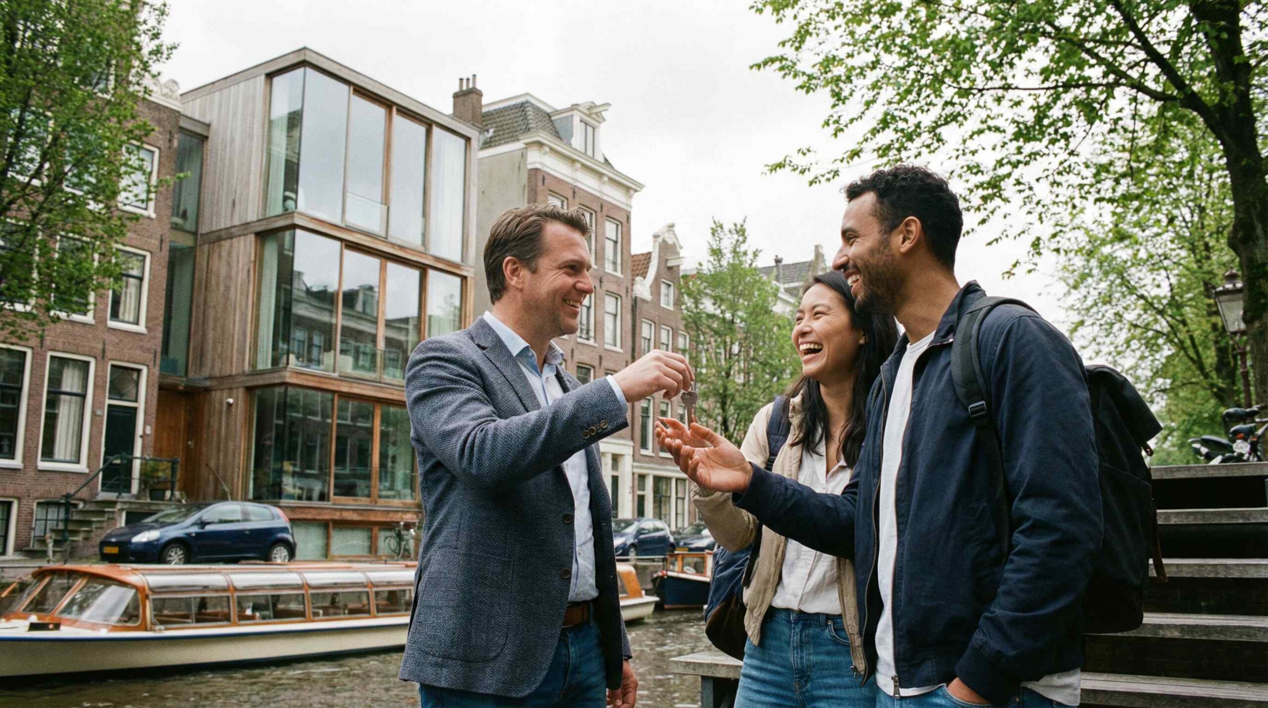 A professional property manager in Amsterdam handing over keys to an international couple, focusing on property management in Amsterdam services.