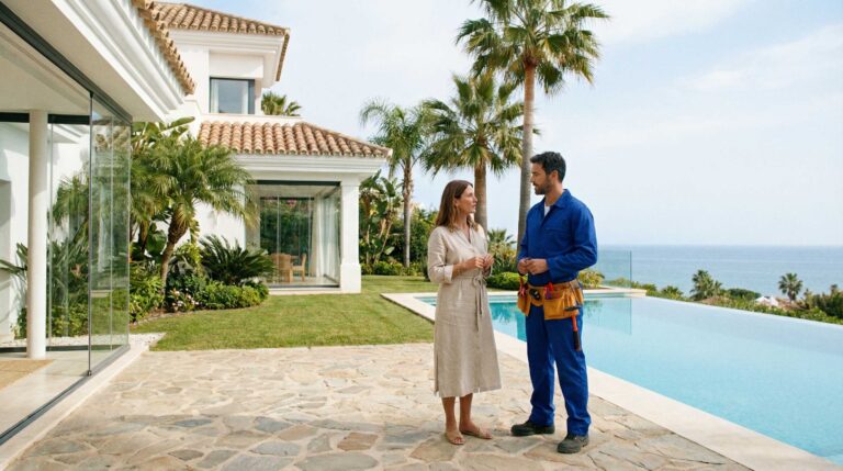 A professional electrician in Spain talking to a homeowner at a modern villa, focusing on home services in Spain.
