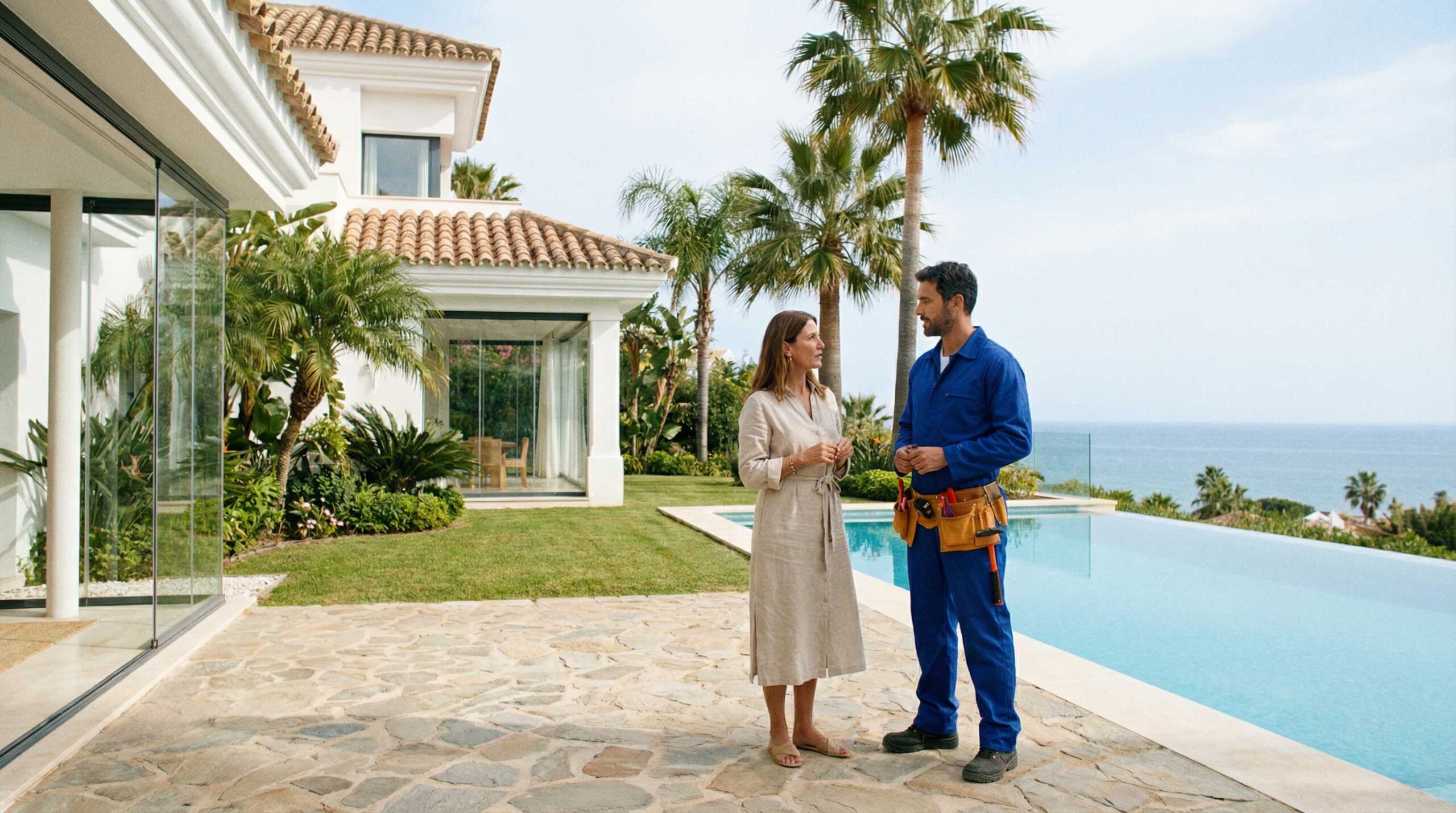 A professional electrician in Spain talking to a homeowner at a modern villa, focusing on home services in Spain.